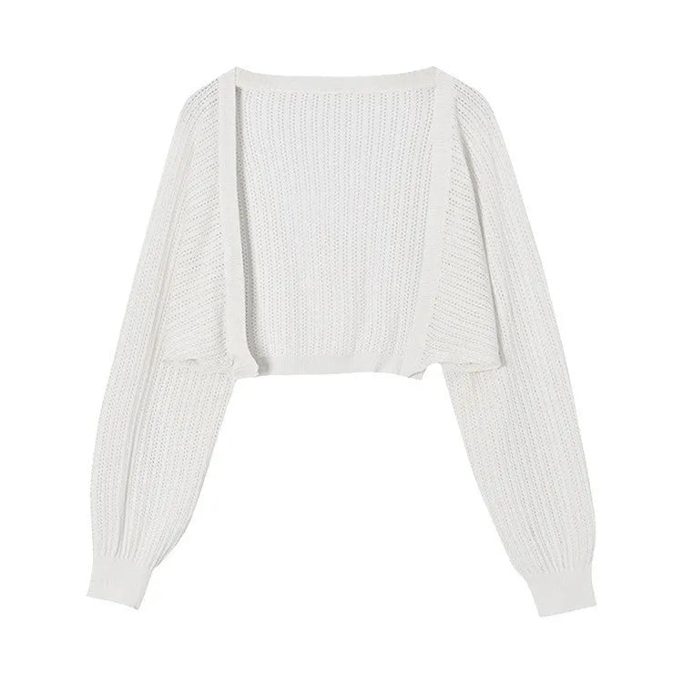 Hollow thin loose lantern sleeve sun protective blouse in polyester linen blend, available in multiple colours