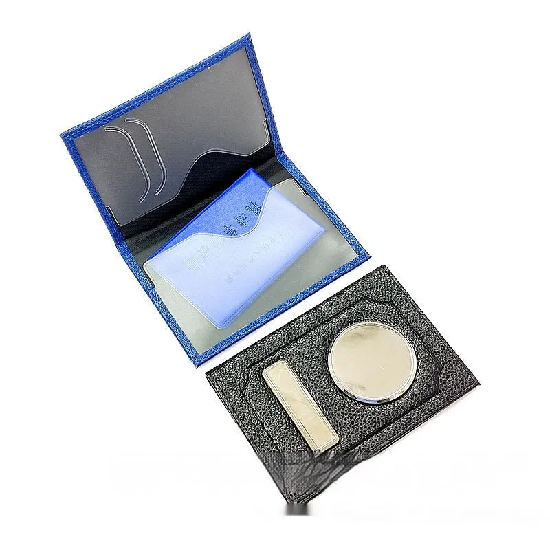 Black synthetic leather passport case with expandable design and aluminum lenses on a plain background