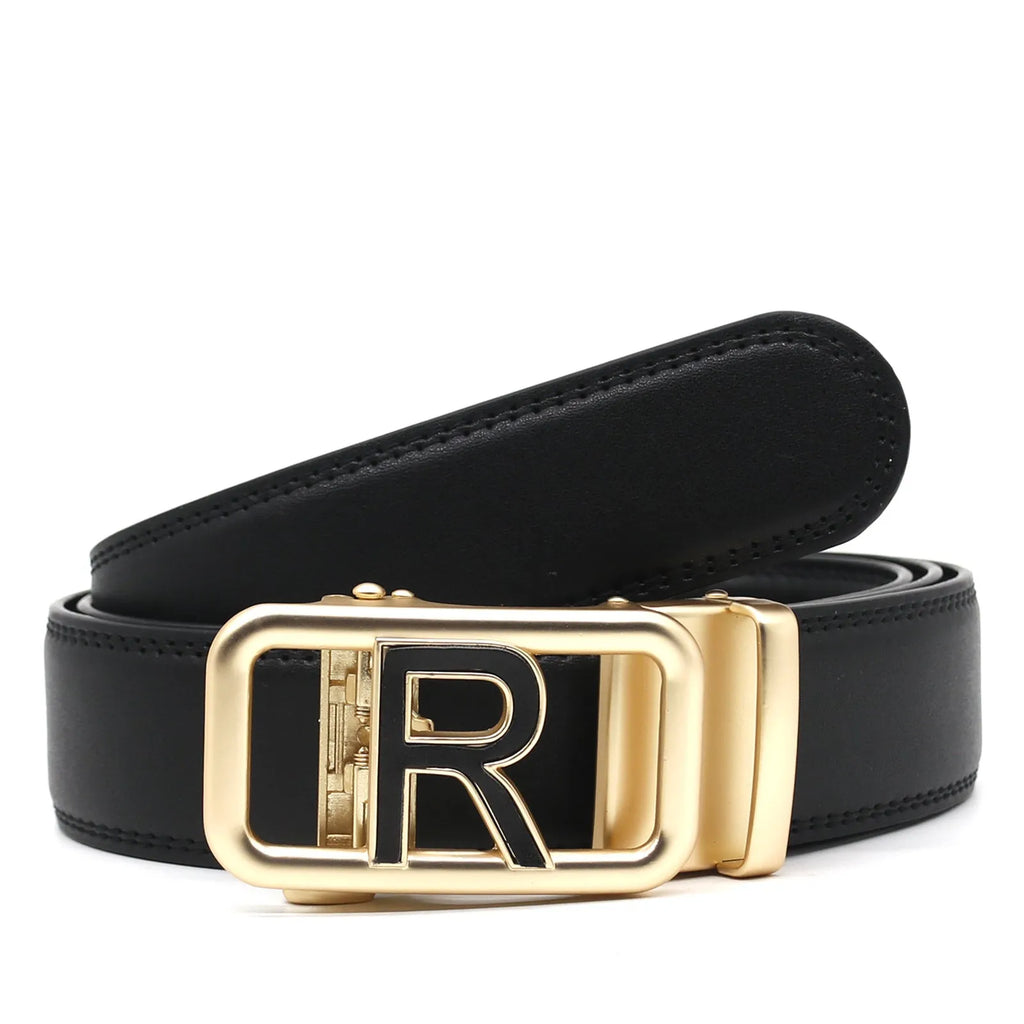 Men's automatic buckle belt in genuine leather with alloy buckle, 125cm, available in ten colours for all-match casual wear.