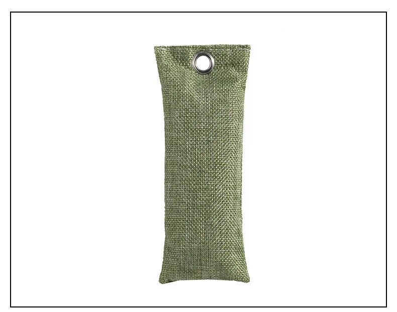 Black linen bag filled with bamboo charcoal for shoe and household odour removal.