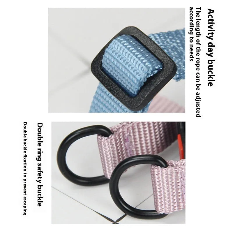 Nylon adjustable dog breast strap with hand holding rope in blue pink colour on white background