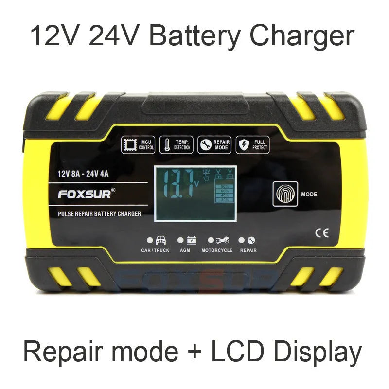12V 24V motorcycle and car battery charger unit with a digital display screen on the front.