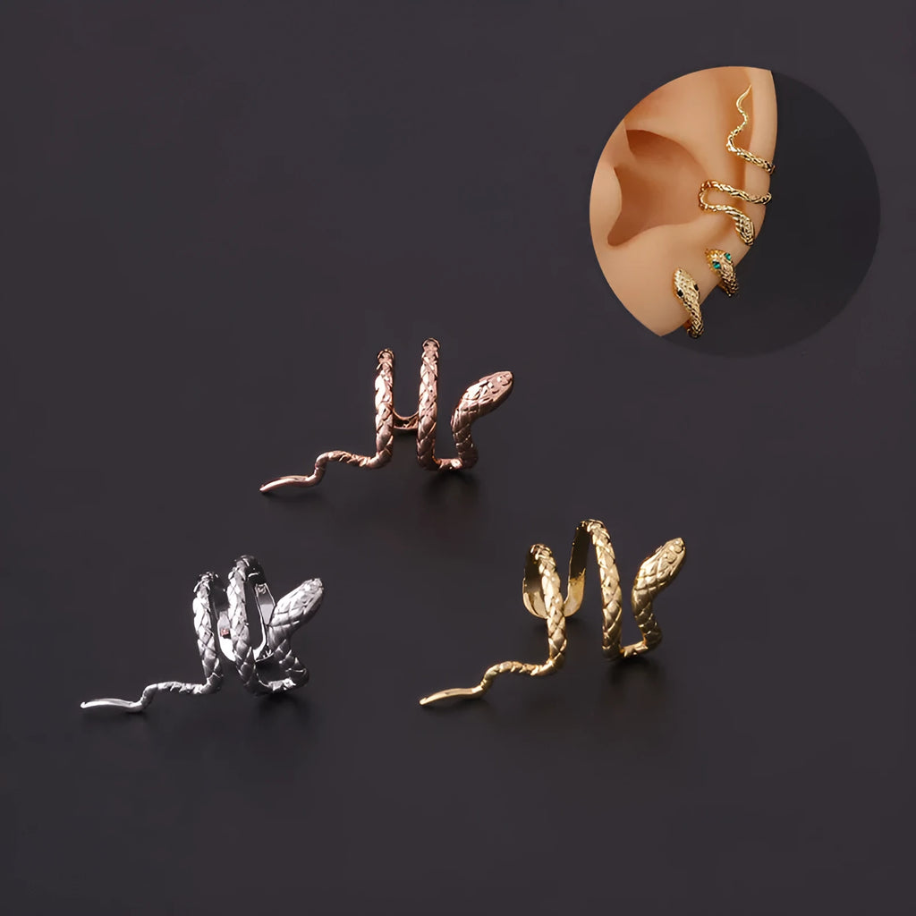 Metal snake-shaped ear clip non-piercing earring in silver finish on earlobe