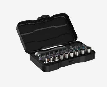 24 in 1 ratchet screwdriver set with S2 alloy steel bits and black handle on white background