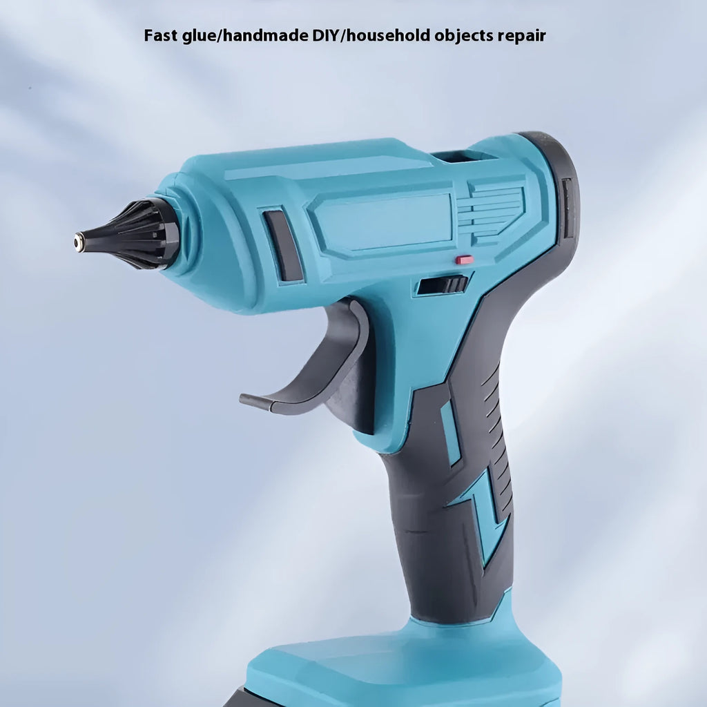 Rechargeable hot melt glue gun with lithium batteries and glue sticks on work surface