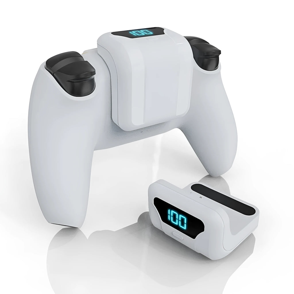 White 1500mAh PS5 controller battery with LED display and outer hanging bag, 8.0 x 4.8 x 2.6cm