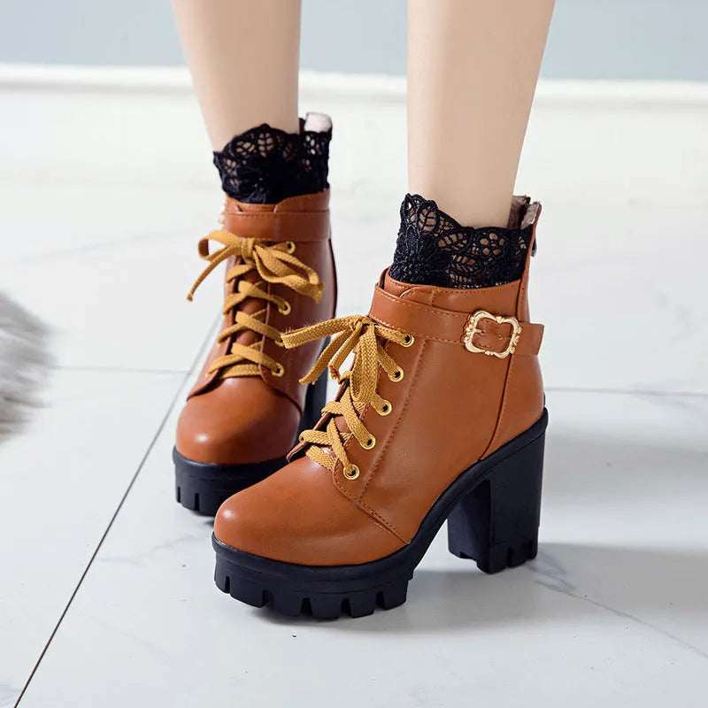 Women's lace-up ankle boots with 6-8cm thick heel, round toe and side zipper in white, black or brown