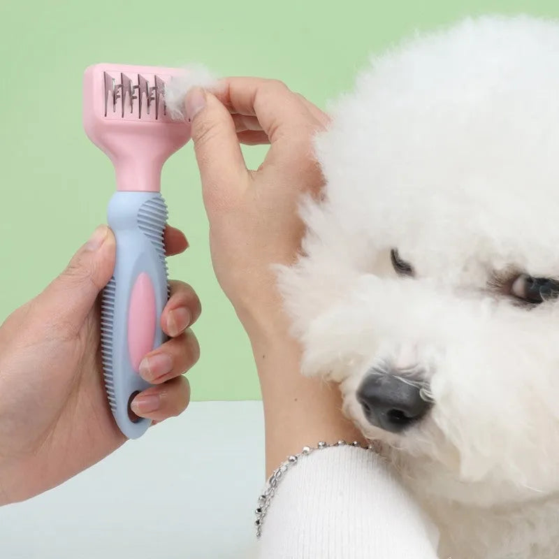 Pink stainless steel dog comb with knot knife blade and massage brush for pet grooming