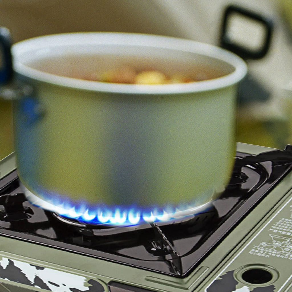 Portable gas stove in camouflage green with barbecue and hot pot function, suitcase, and stainless steel windshield