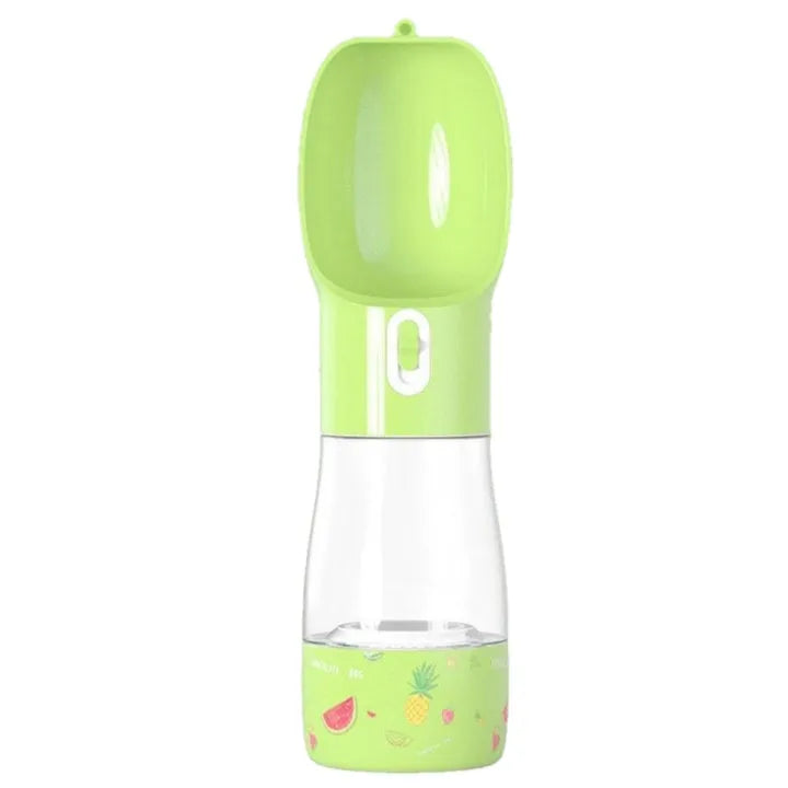 Travel Out portable dog food water cup in blue, showing combined water and grain container with 258ml and 200ml capacities