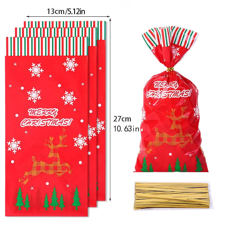 50 clear OPP Christmas gift tying bags 13x27cm flat, with red and green designs