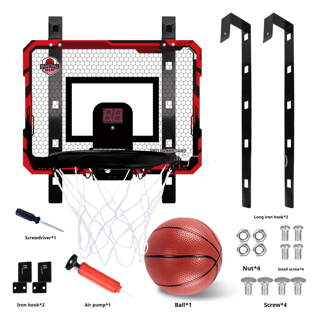 Red folding basketball frame with suction cups mounted on a wall, showing dunk scoring panel.