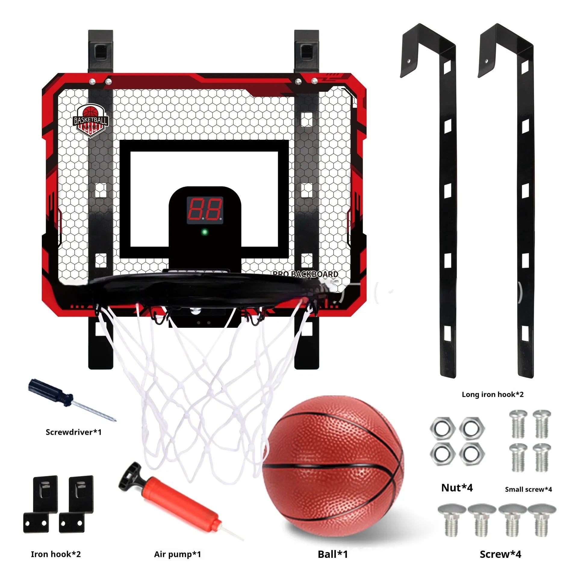 Red folding basketball frame with suction cups mounted on a wall, showing dunk scoring panel.
