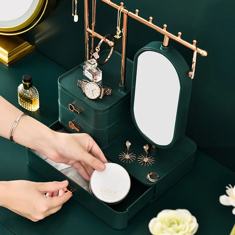 Light luxury cosmetics storage box with mirror in Pearl White on a desktop