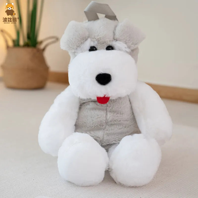 Light gray schnauzer plush backpack with ultra-light design, 45x22x20cm dimensions