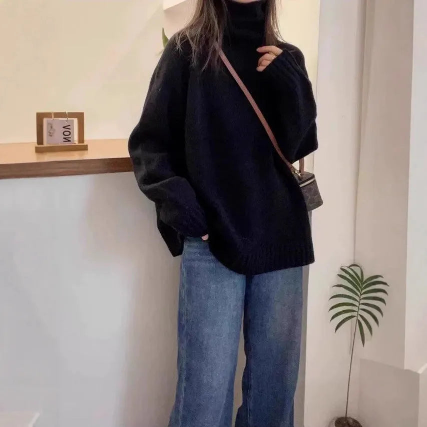 Women's loose turtleneck sweater with thick curling pile collar in red colour