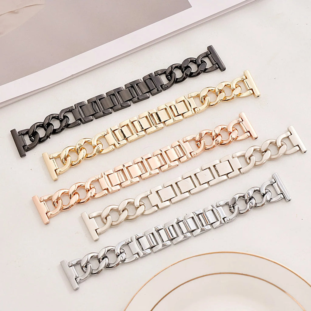 Metal denim chain Apple Watch strap in silver, black, gold, rose gold, and Starlight colours showing textured design