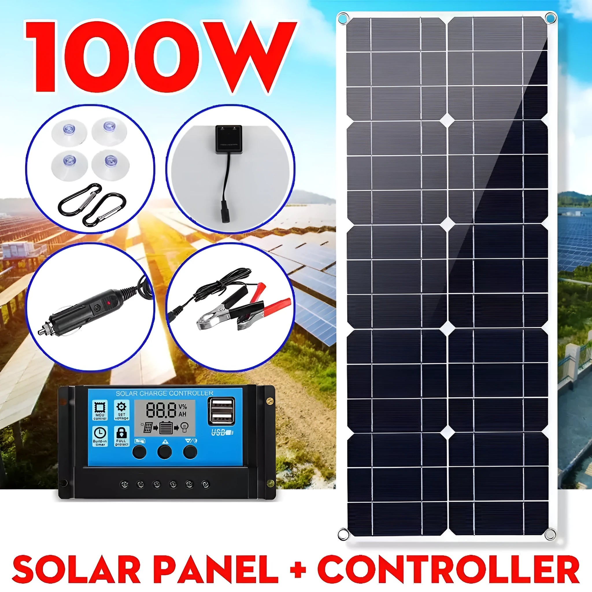 30W semi-flexible solar panel showing its surface and dual output ports for USB and 18V charging.
