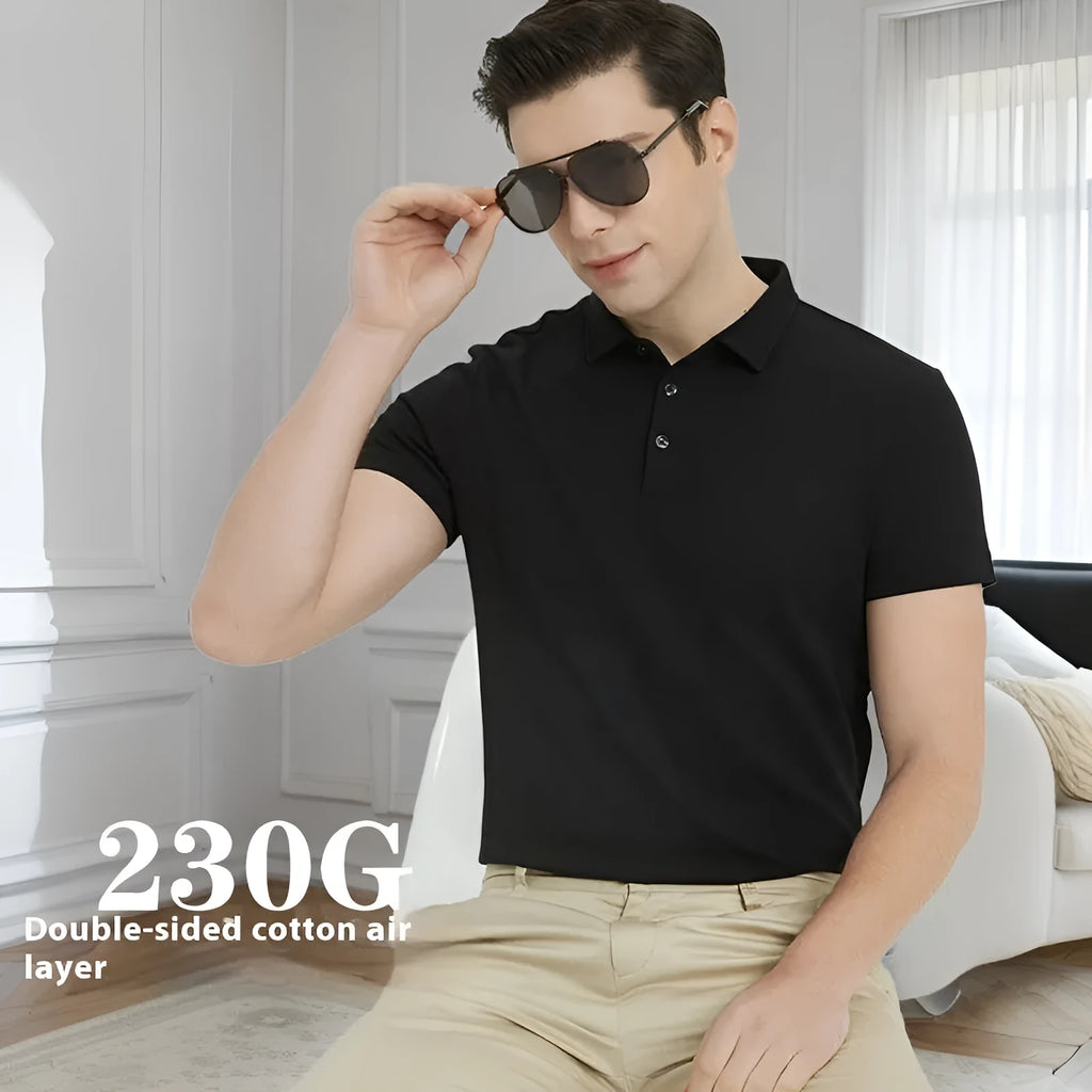 Men's 230g double-sided cotton polo shirt in solid colour, short sleeve, air layer fabric, front view