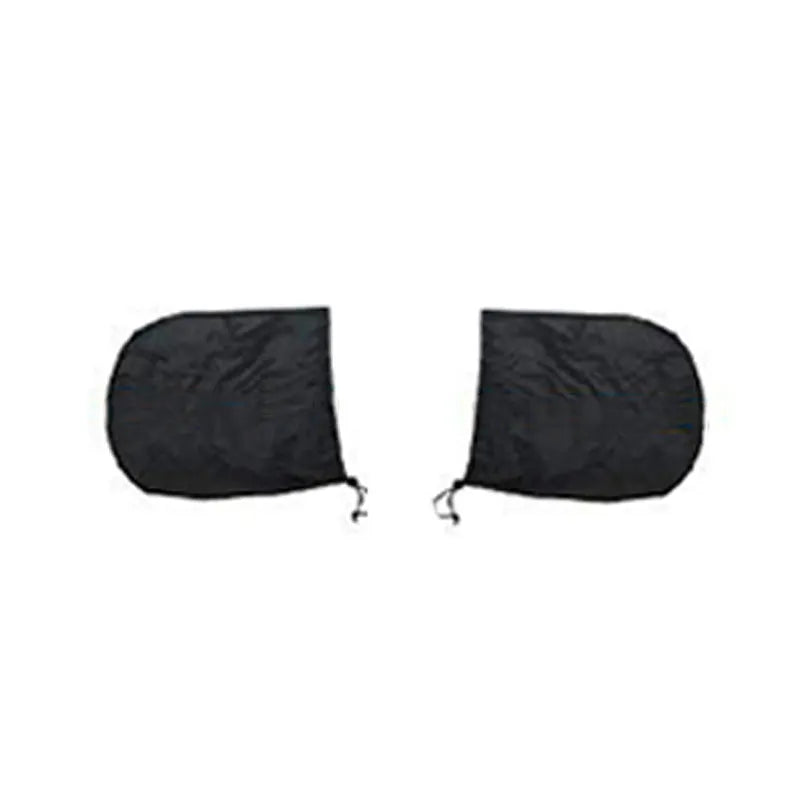 Black car windshield front snow shield cover with six elastic bands and hooks, on a car