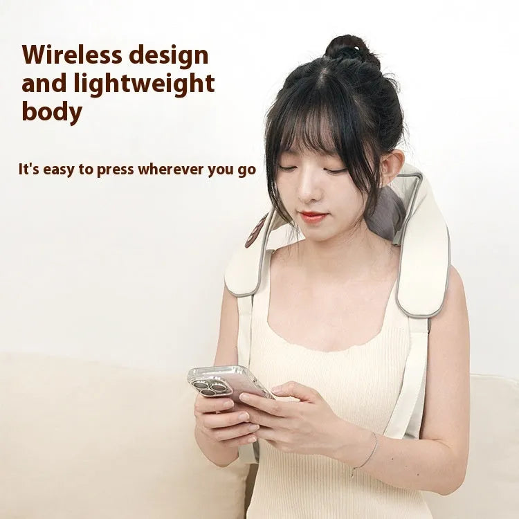 Blue shoulder-back neck multifunctional massage instrument with USB charging port and temperature control panel, 130cm length