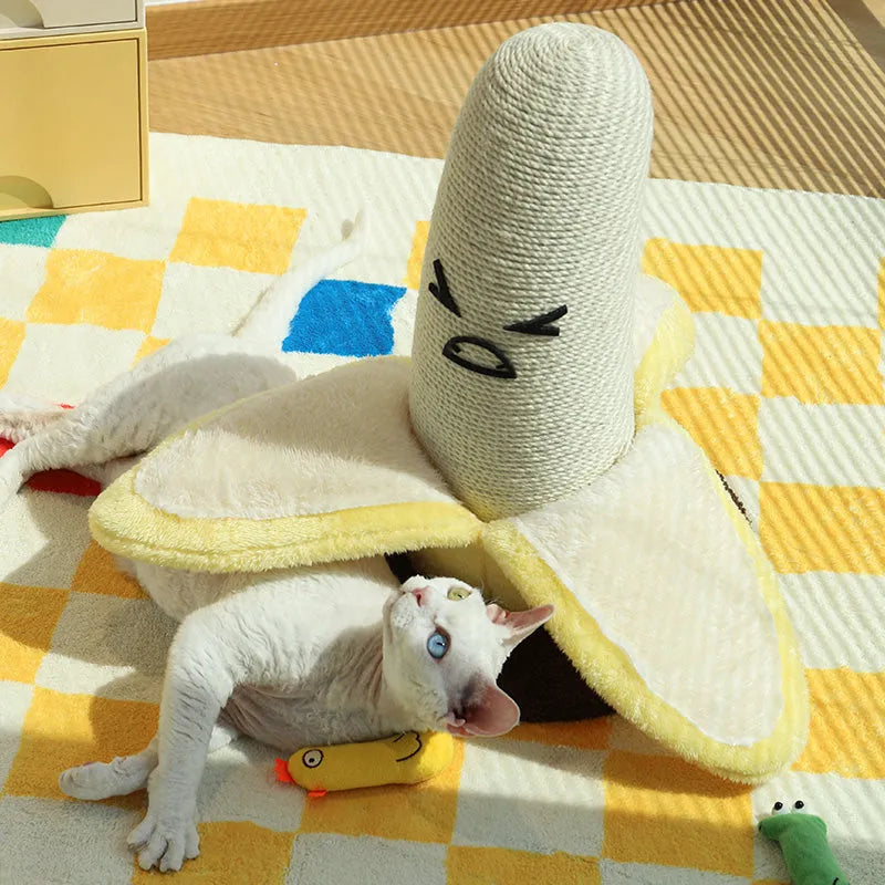Large banana-shaped vertical sisal scratching pole for cats in yellow colour