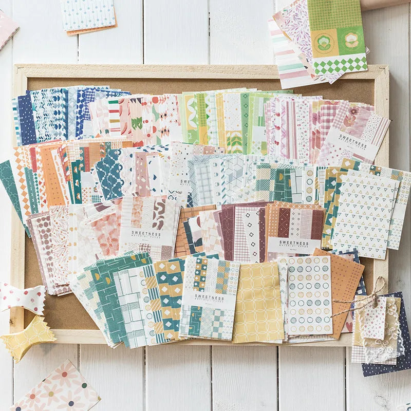 Pack of 50 colourful retro collage note papers in sweet light dessert colours, each measuring 56 by 83 millimetres.