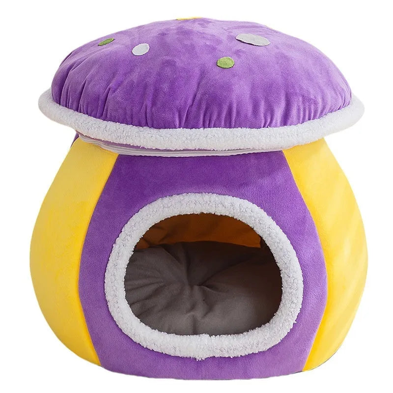 Grey mushroom-shaped plush cat nest with a round entrance, showing thick thermal lining and a separate blanket.