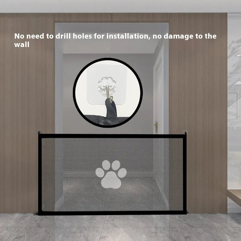 Portable folding dog barrier safety net fence with plastic support rods and pet doorsill design