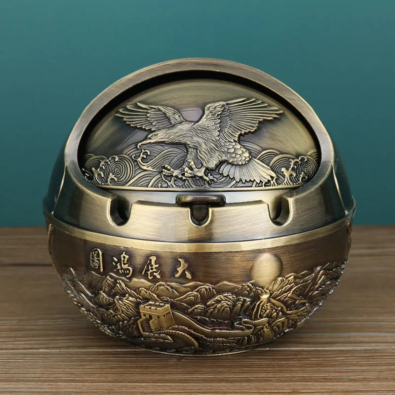 XL decorative alloy ashtray with smoke slot in bronze finish showing dragon and phoenix design