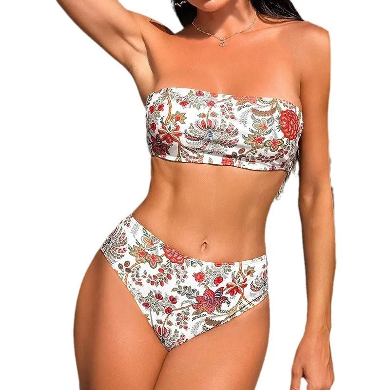 Women's printed bandeau triangle bikini top with matching swim shorts on a mannequin.