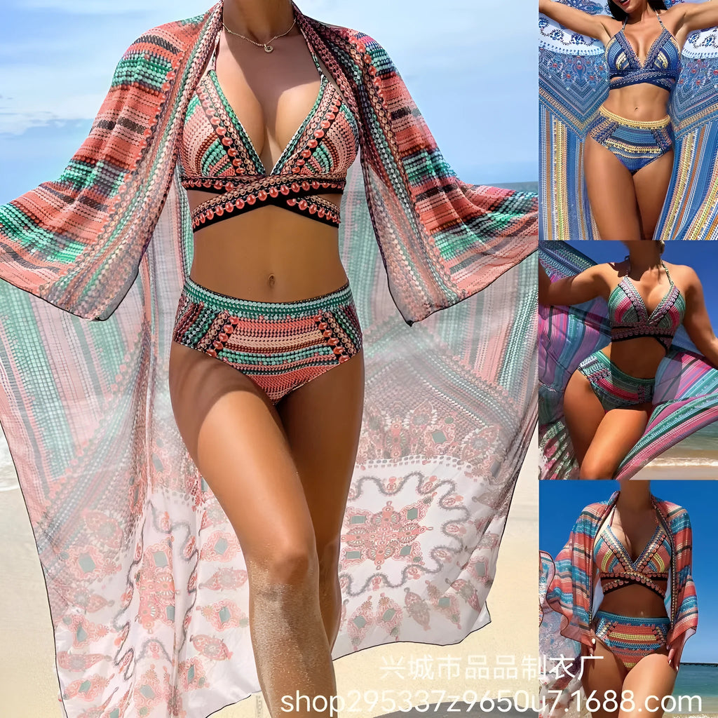 Women's retro ethnic style bikini with split cross strap design in polyester fabric