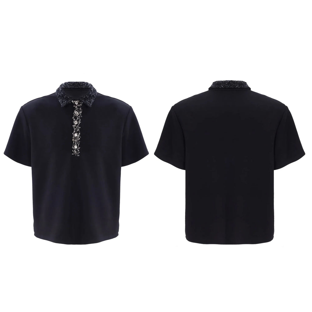 Men's black polo t-shirt with square collar, short sleeves, and heavy embroidery sequin decoration
