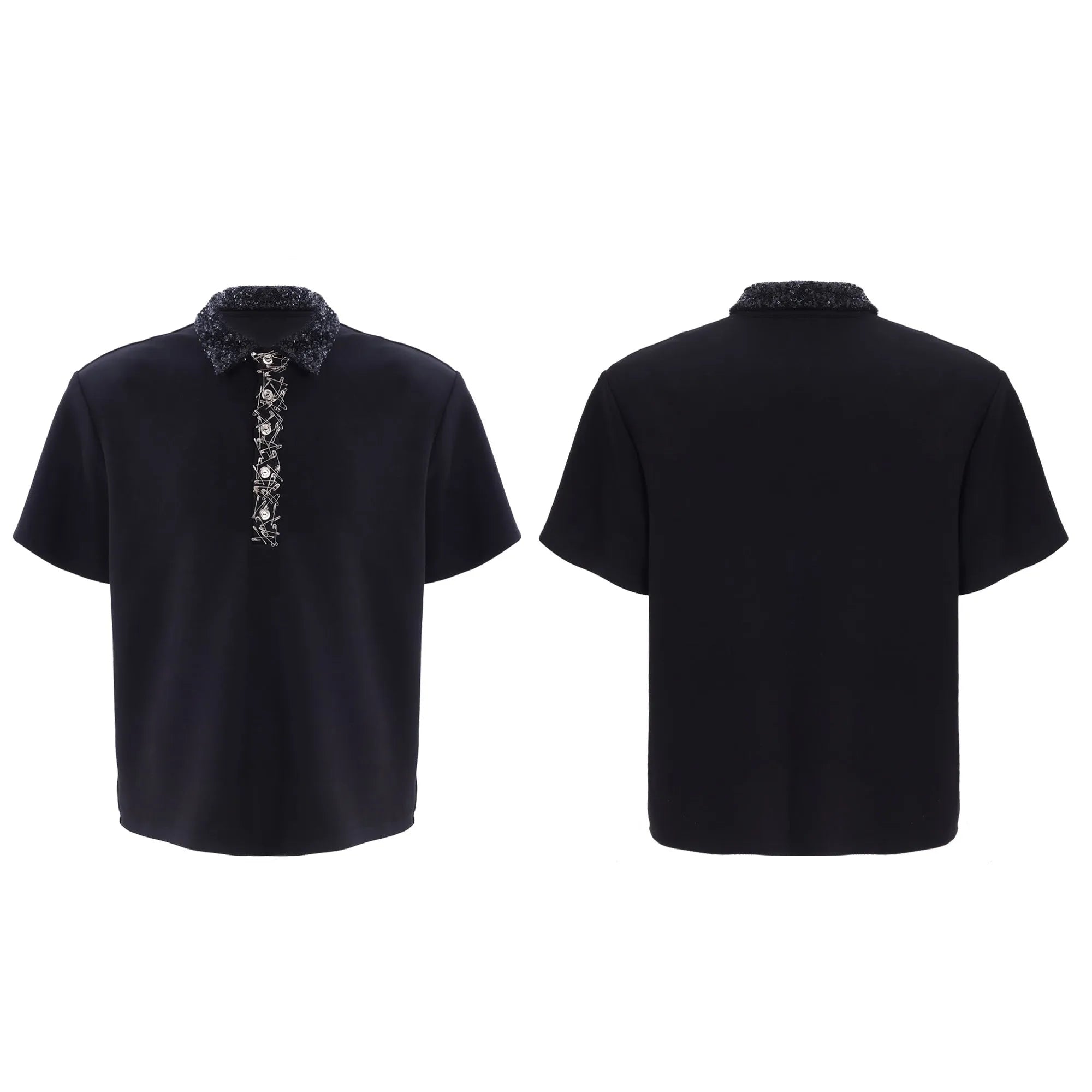 Men's black polo t-shirt with square collar, short sleeves, and heavy embroidery sequin decoration