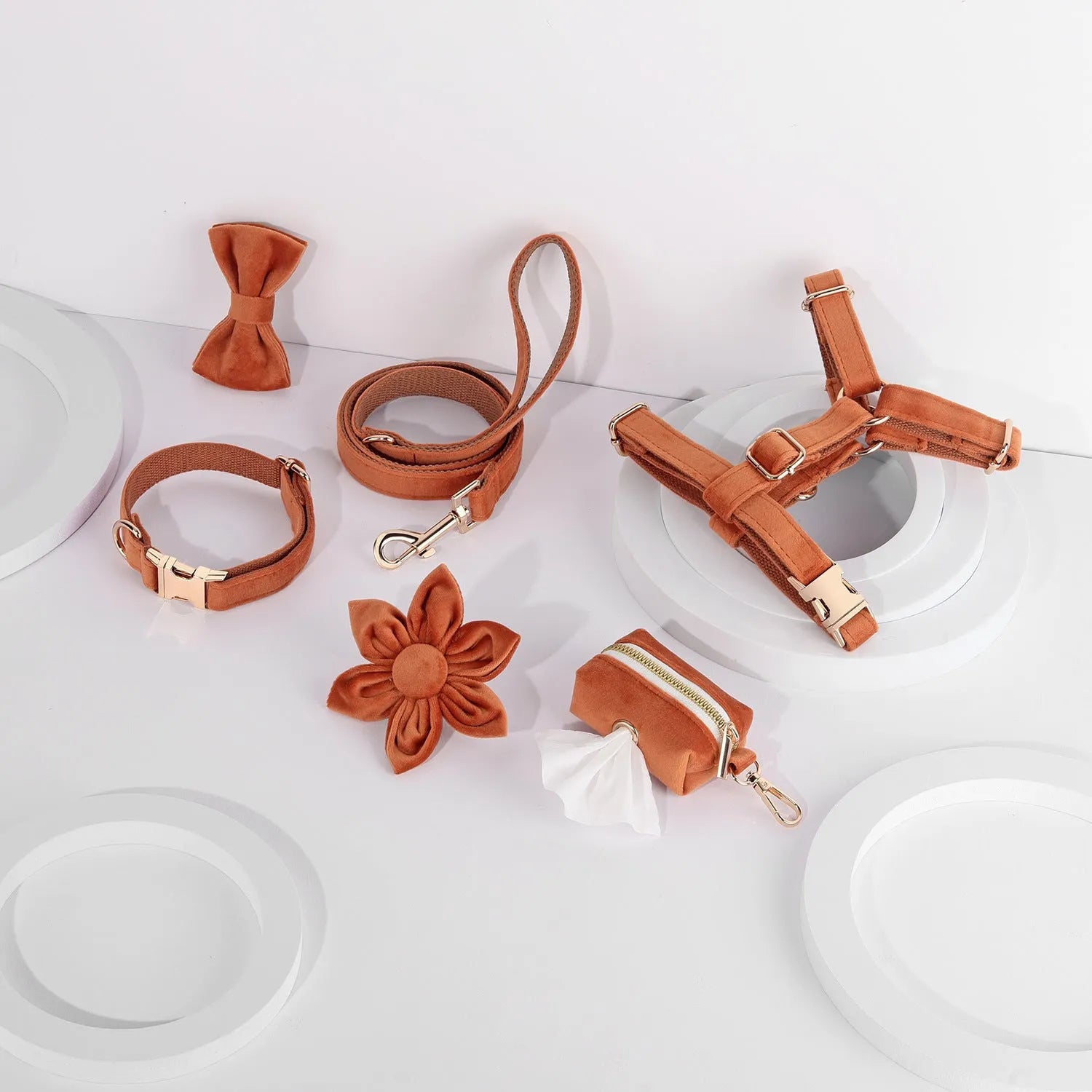 Classic velvet soft dog collar and leash harness set with bow tie, flower, and toilet bag accessories in multiple colours.