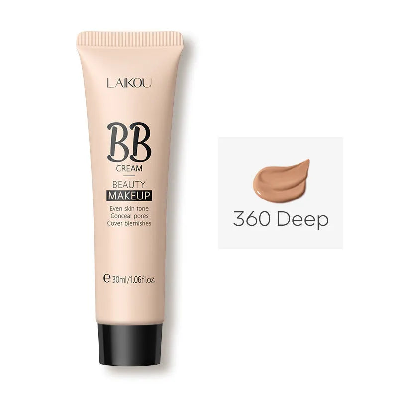 30ml tube of BB cream shown alongside swatches of its nine shades from light ivory to dark brown.