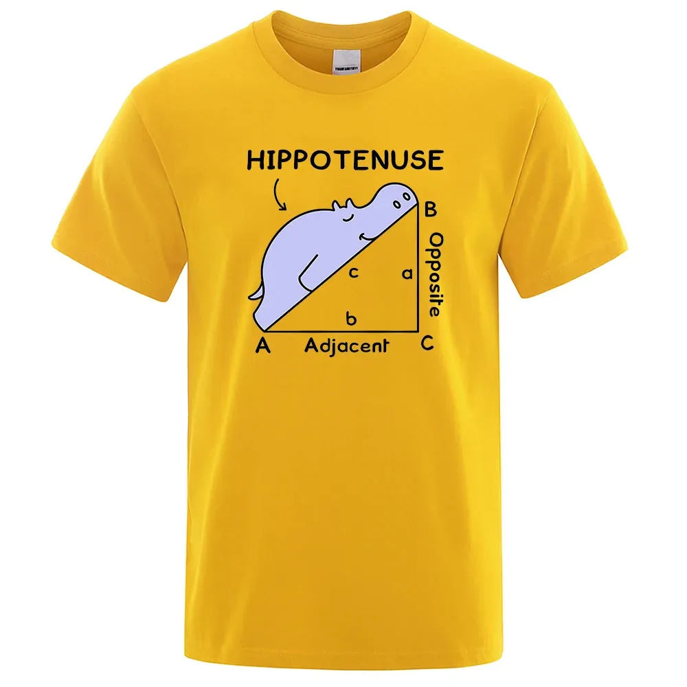 White cotton T-shirt with black Hippotenuse Opposite Adjacent maths print graphic, loose fit short sleeve design