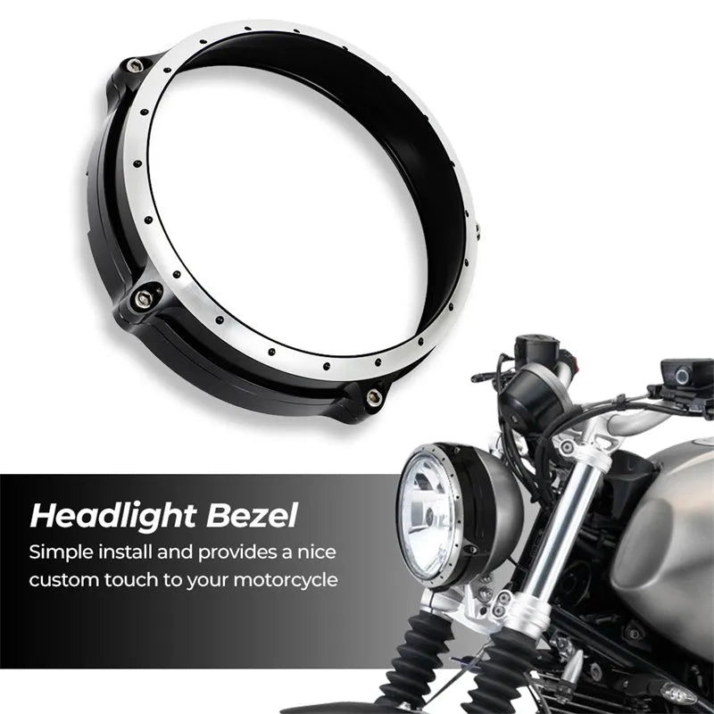 Black CNC aluminium headlight cover frame for BMW R nineT Scrambler motorcycle