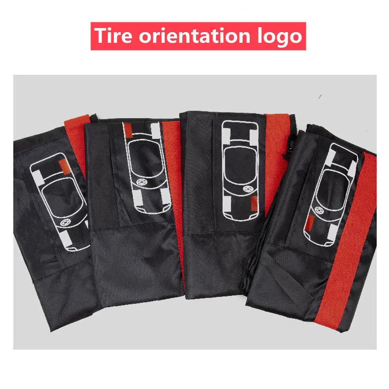 Four black Oxford cloth polyester tyre protective covers laid flat, showing their circular shape.