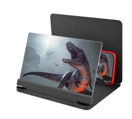 Black and white phone screen amplifier with 9 inch screen and built-in smartphone holder.
