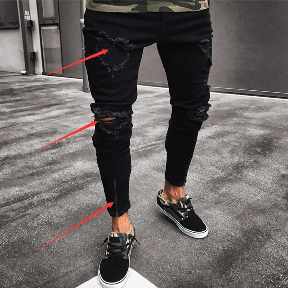 Men's black low waist stretch polyester casual pencil trousers
