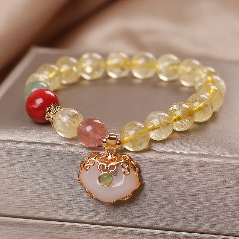 Women's bracelet with natural citrine jade ruyi pendant and yellow hair crystal ornament on adjustable alloy band