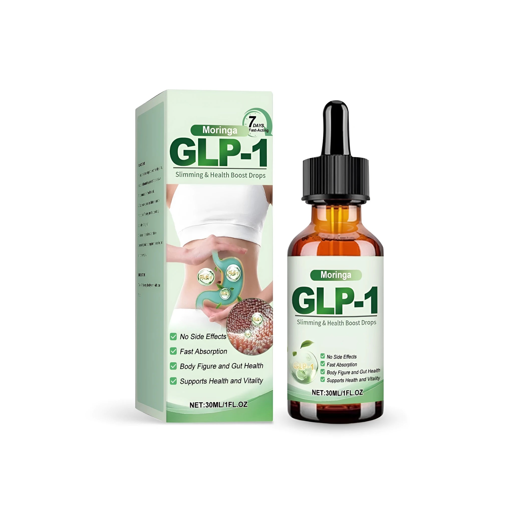30ml glass dropper bottle of amber liquid moringa health drops with citrus and peppermint oils.