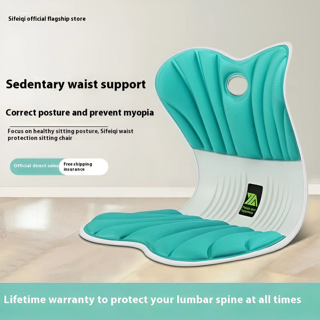 Grey ergonomic waist support and posture correction polyester seat cushion on an office chair.