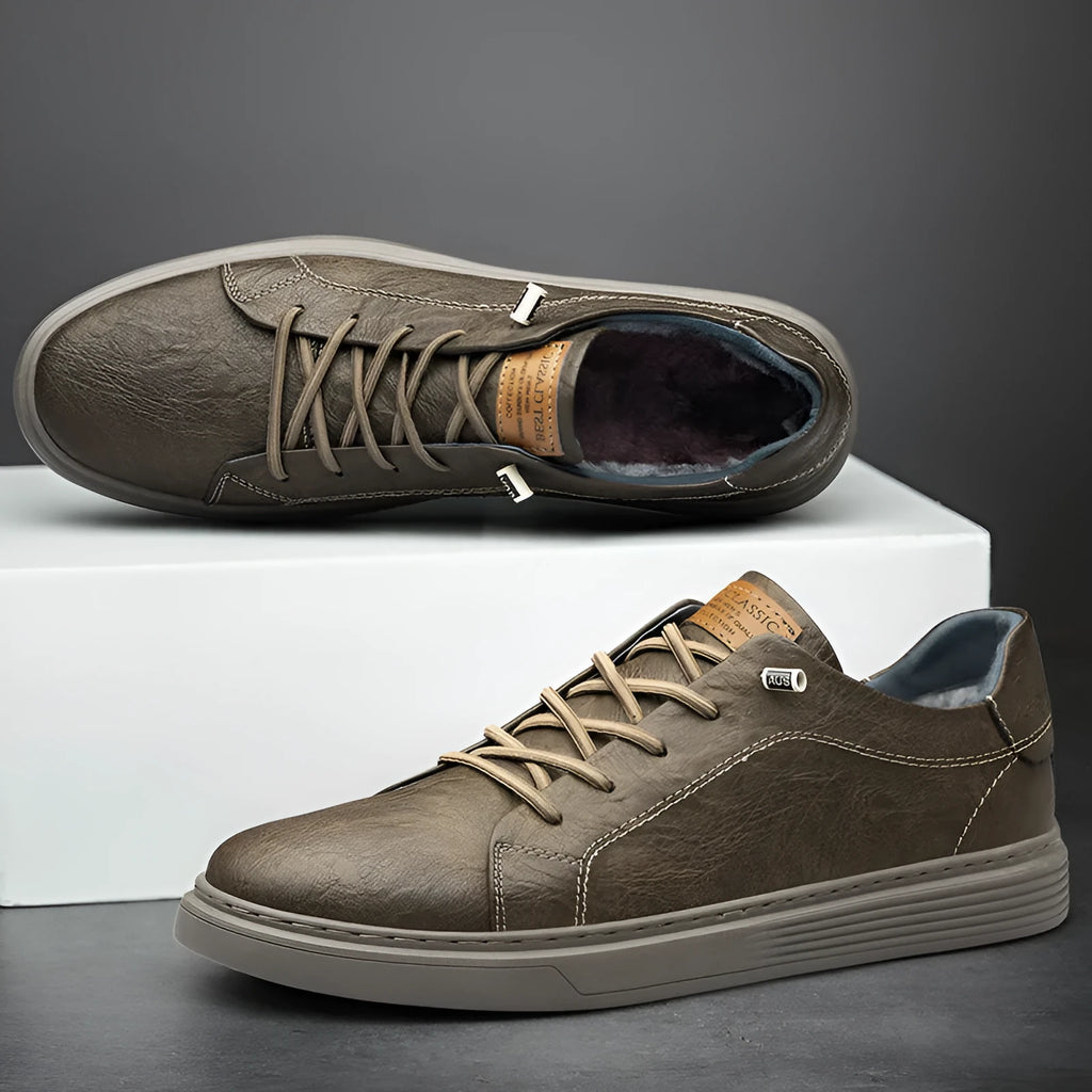 Two-layer cowhide casual sneakers low-top men's shoes round toe front lace-up solid colour khaki