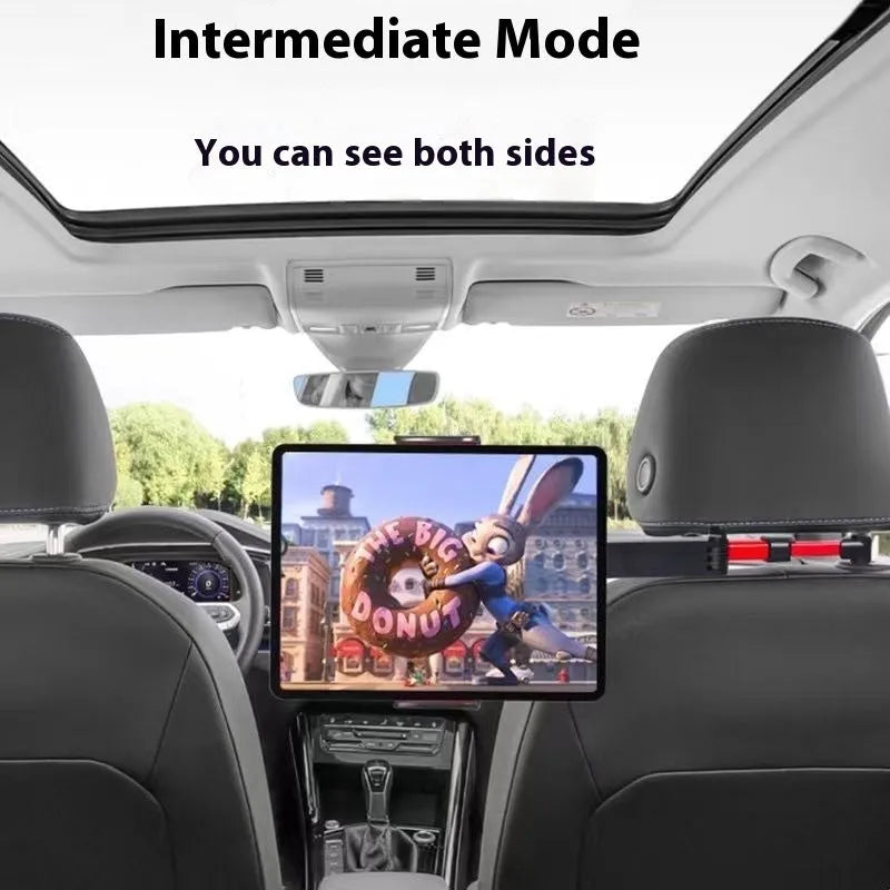 Car back seat mobile phone tablet stand in 2nd Generation Black, showing horizontal orientation with a phone inserted