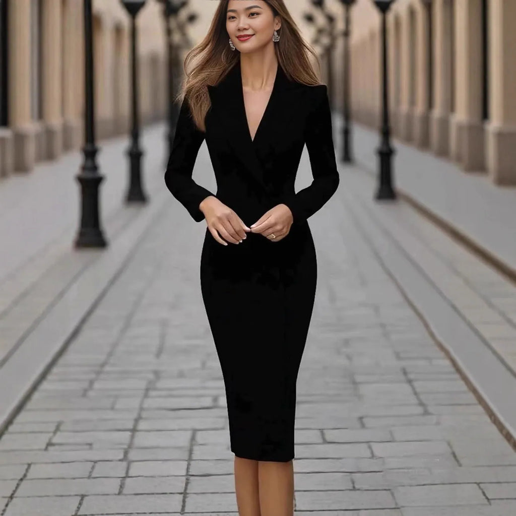 Women's single-breasted coat dress in polyester with high waist and long sleeves
