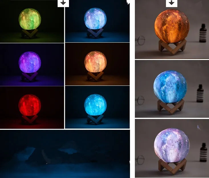 3D printed white moon lamp night light glowing on a surface next to its remote control.