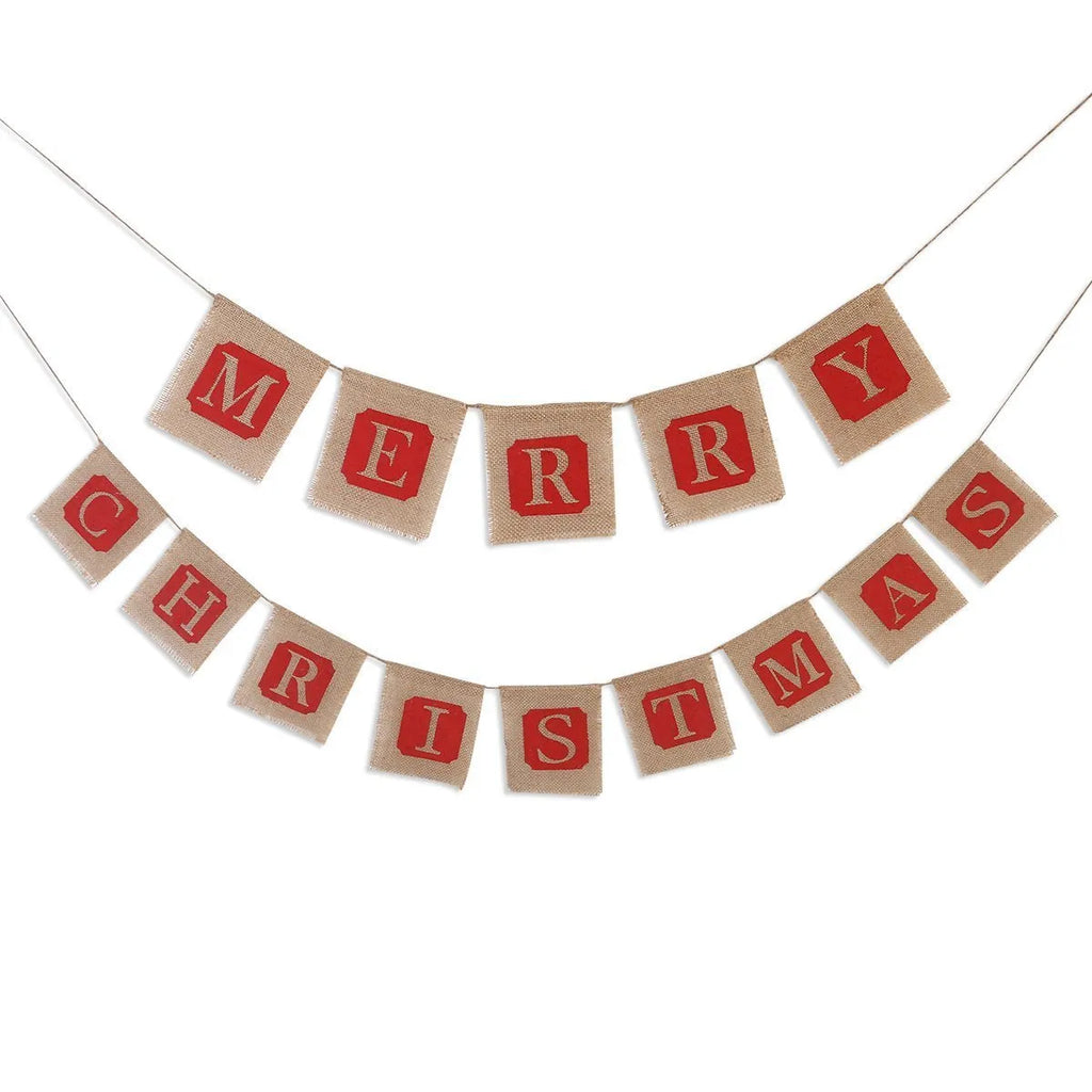 Brown and red burlap Christmas banner with 14 fabric flags on natural string