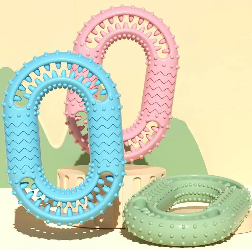 Blue O-ring shaped durable dog chew toy for aggressive chewing and dental care.